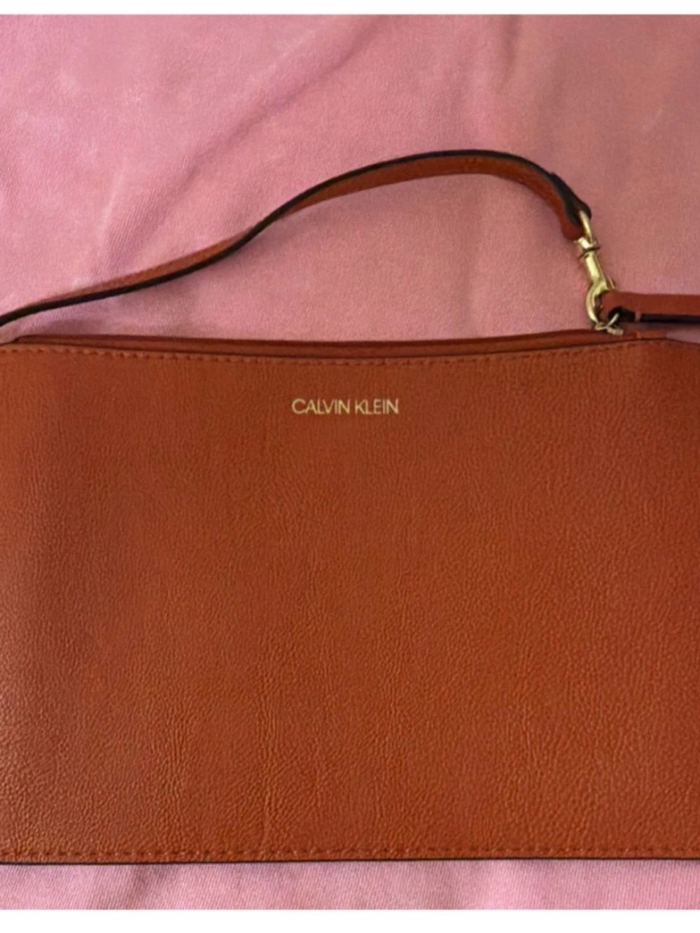 Calvin Klein Brown Pebbled Zip Wristlet Logo Gold Hardware Small Women's